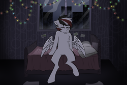 Size: 3000x2000 | Tagged: safe, artist:wacky-skiff, oc, oc only, species:pony, bed, christmas, christmas lights, holiday, night, paper, photo, pillow, solo, tired, waking up