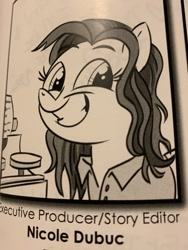 Size: 1540x2047 | Tagged: safe, artist:ohjeetorig, species:pony, monochrome, nicole dubuc, solo, wrap party, yearbook, yearbook photo