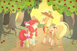 Size: 3000x2000 | Tagged: safe, artist:dashkatortik12222222, character:apple bloom, character:applejack, species:earth pony, species:pony, adorabloom, apple, apple sisters, apple tree, applejack's hat, bandage, blushing, bow, butt, chest fluff, clothing, coat markings, colored eyebrows, colored hooves, cowboy hat, cute, dawwww, dirt path, duo, ear fluff, eye clipping through hair, eye contact, female, filly, food, freckles, hat, jackabetes, looking at each other, mare, open mouth, plot, redesign, siblings, sisters, smiling, straw in mouth, tree, unshorn fetlocks