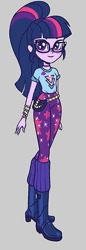 Size: 240x698 | Tagged: safe, alternate version, artist:kora kosicka, character:twilight sparkle, character:twilight sparkle (scitwi), species:eqg human, my little pony:equestria girls, spoiler:eqg series (season 2), alternate costumes, boots, clothing, concept art, female, geode of telekinesis, glasses, magical geodes, pants, ponytail, shoes, smiling, solo