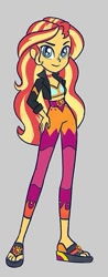Size: 267x683 | Tagged: safe, alternate version, artist:kora kosicka, character:sunset shimmer, my little pony:equestria girls, spoiler:eqg series (season 2), alternate costumes, clothing, feet, female, geode of empathy, looking at you, magical geodes, midriff, pants, sandals, smiling, solo