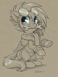 Size: 2440x3276 | Tagged: safe, artist:patchwerk-kw, oc, oc only, oc:gryph xander, species:pegasus, species:pony, clothing, partial color, solo, traditional art