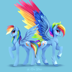 Size: 3000x3000 | Tagged: safe, artist:nutellaakanutella, character:rainbow dash, species:pegasus, species:pony, g5 leak, leak, blue background, coat markings, colored wings, duality, female, g4 to g5, leg fluff, mare, multicolored wings, profile, rainbow dash (g5), rainbow wings, raised hoof, simple background, spread wings, wings