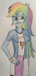 Size: 929x1942 | Tagged: safe, artist:captainedwardteague, character:rainbow dash, episode:daring don't, g4, my little pony: friendship is magic, my little pony:equestria girls, clothing, compression shorts, equestria girls interpretation, faec, female, scene interpretation, shirt, shorts, skirt, smug, smugdash, solo, traditional art