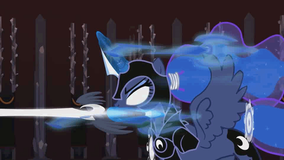 Size: 960x540 | Tagged: safe, artist:sillyfillystudios, character:princess luna, species:alicorn, species:pony, animated, badass, fall of the crystal empire, female, gif, glowing eyes, glowing horn, horn, magic, solo, spread wings, sword, warrior luna, weapon, wings, youtube link