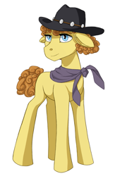 Size: 721x1108 | Tagged: safe, artist:marly-kaxon, oc, oc only, oc:ricochet, species:earth pony, species:pony, bandana, clothing, cowboy hat, curly mane, curly tail, floppy ears, hat, male, simple background, solo, stallion, standing, white background