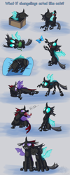 Size: 1000x2500 | Tagged: safe, artist:racingwolf, character:pharynx, character:thorax, species:changeling, behaving like a cat, brothers, butterfly, cardboard box, catling, changeling in a box, cute, hissing, licking, male, siblings, sleeping, thorabetes, tongue out, yarn, yarn ball