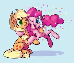 Size: 1200x1016 | Tagged: safe, artist:ohjeetorig, character:applejack, character:pinkie pie, species:earth pony, species:pony, ship:applepie, blue background, clothing, confetti, cowboy hat, duo, female, freckles, friendshipping, hat, hug, lesbian, mare, official fan art, one eye closed, open mouth, shipping, simple background, smiling
