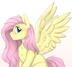 Size: 2354x2194 | Tagged: safe, artist:mariashapony, character:fluttershy, species:pegasus, species:pony, chest fluff, female, looking at you, looking sideways, mare, open mouth, profile, simple background, sitting, solo, spread wings, white background, wings