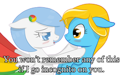 Size: 1504x926 | Tagged: safe, artist:xeirox, edit, oc, oc only, oc:google chrome, oc:internet explorer, species:earth pony, species:pegasus, species:pony, blushing, browser ponies, caption, exploitable meme, female, google chrome, interchrome, interchrome meme, internet browser, internet explorer, lesbian, lesbian pony internet browsers, looking at each other, mare, oc x oc, shipping