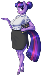 Size: 1182x2026 | Tagged: safe, artist:joenobody, character:twilight sparkle, character:twilight sparkle (unicorn), species:anthro, species:pony, species:unguligrade anthro, species:unicorn, alternate hairstyle, belt, big breasts, book, breasts, bun, busty twilight sparkle, clothing, female, hair bun, mare, open mouth, shirt, side slit, simple background, skirt, smiling, solo, transparent background