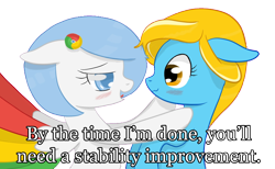 Size: 1504x926 | Tagged: safe, artist:xeirox, edit, oc, oc only, oc:google chrome, oc:internet explorer, species:earth pony, species:pegasus, species:pony, blushing, browser ponies, caption, exploitable meme, female, google chrome, interchrome, interchrome meme, internet browser, internet explorer, lesbian, lesbian pony internet browsers, looking at each other, mare, oc x oc, shipping