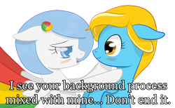 Size: 1504x926 | Tagged: safe, artist:xeirox, edit, oc, oc only, oc:google chrome, oc:internet explorer, species:earth pony, species:pegasus, species:pony, blushing, browser ponies, caption, exploitable meme, female, google chrome, interchrome, interchrome meme, internet explorer, lesbian, lesbian pony internet browsers, looking at each other, mare, oc x oc, shipping