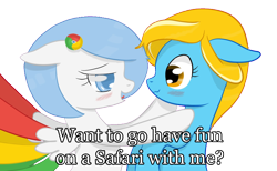 Size: 1504x926 | Tagged: safe, artist:xeirox, edit, oc, oc only, oc:google chrome, oc:internet explorer, species:earth pony, species:pegasus, species:pony, blushing, browser ponies, caption, exploitable meme, female, google chrome, interchrome, interchrome meme, internet browser, internet explorer, lesbian, lesbian pony internet browsers, looking at each other, mare, oc x oc, safari, shipping