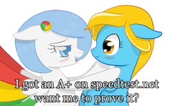 Size: 1504x926 | Tagged: safe, artist:xeirox, edit, oc, oc only, oc:google chrome, oc:internet explorer, species:earth pony, species:pegasus, species:pony, blushing, browser ponies, caption, exploitable meme, female, google chrome, interchrome, interchrome meme, internet browser, internet explorer, lesbian, lesbian pony internet browsers, looking at each other, mare, shipping