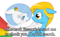 Size: 1504x926 | Tagged: safe, artist:xeirox, edit, oc, oc only, oc:google chrome, oc:internet explorer, species:earth pony, species:pegasus, species:pony, blushing, browser ponies, caption, exploitable meme, female, google chrome, interchrome, interchrome meme, internet browser, internet explorer, lesbian, lesbian pony internet browsers, looking at each other, mare, shipping