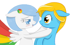 Size: 1504x926 | Tagged: safe, artist:xeirox, oc, oc only, oc:google chrome, oc:internet explorer, species:earth pony, species:pegasus, species:pony, blushing, browser ponies, female, google chrome, interchrome, internet browser, internet explorer, korefox needs to photoshop better, lesbian, lesbian pony internet browsers, looking at each other, mare, meta, oc x oc, shipping