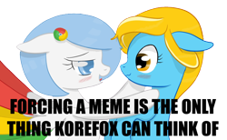 Size: 1504x926 | Tagged: safe, artist:xeirox, edit, oc, oc only, oc:google chrome, oc:internet explorer, species:earth pony, species:pegasus, species:pony, blushing, browser ponies, caption, female, forced meme, google chrome, image macro, interchrome, internet browser, internet explorer, lesbian, lesbian pony internet browsers, looking at each other, mare, oc x oc, shipping
