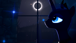 Size: 3840x2160 | Tagged: safe, artist:twilighlot, character:princess luna, species:pony, 3d, darkness, eclipse, female, moon, night, solo, window
