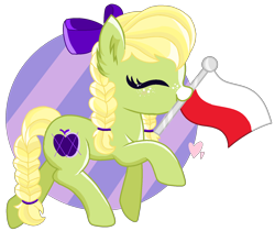 Size: 1720x1444 | Tagged: safe, artist:pokeponyeq, oc, oc:apple pattern, parent:applejack, parent:trenderhoof, parents:trenderjack, species:earth pony, species:pony, bow, braid, braided tail, female, flag, hair bow, mare, mouth hold, offspring, poland, simple background, solo, transparent background
