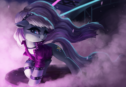 Size: 2457x1700 | Tagged: safe, artist:vanillaghosties, character:coloratura, character:countess coloratura, species:earth pony, species:pony, newbie artist training grounds, atg 2019, clothing, female, jacket, looking at you, solo, stage