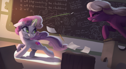 Size: 3940x2160 | Tagged: safe, artist:vanillaghosties, character:cheerilee, character:sweetie belle, species:earth pony, species:pegasus, species:pony, species:unicorn, newbie artist training grounds, abuse, atg 2019, blatant lies, chalkboard, chase, cheeribuse, cheerilee is unamused, cutie mark, female, filly, fortnite, glowing horn, high res, horn, magic, mare, paper, pencil, running, sweetie belle's magic brings a great big smile, sweetie fail, telekinesis, the cmc's cutie marks, this will end in death, this will end in detention, this will end in tears, this will end in tears and/or death