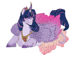 Size: 1249x931 | Tagged: safe, artist:penrosa, character:twilight sparkle, character:twilight sparkle (alicorn), species:alicorn, species:classical unicorn, species:pony, species:unicorn, cloven hooves, colored wings, crown, female, gradient wings, horn, horn jewelry, jewelry, leonine tail, prone, regalia, solo, unshorn fetlocks, wings