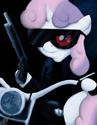 Size: 1000x1294 | Tagged: safe, artist:the-kinetic, character:sweetie belle, species:pony, species:unicorn, sweetie bot, female, filly, gun, hooves, horn, lever action, m1887, motorcycle, parody, robot, shotgun, solo, sunglasses, terminator, weapon