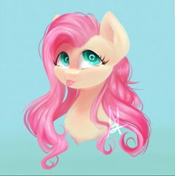 Size: 1071x1080 | Tagged: safe, artist:thewickedvix, character:fluttershy, species:pony, blep, blue background, bust, colored pupils, cute, female, portrait, shyabetes, simple background, solo, tongue out