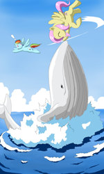 Size: 1024x1707 | Tagged: safe, artist:vinilyart, character:fluttershy, character:rainbow dash, species:pegasus, species:pony, duo, exclamation point, female, flying, mare, ocean, outdoors, petting, sky, smiling, splash, spread wings, water, whale, wings