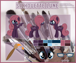 Size: 1920x1600 | Tagged: safe, artist:angelina-pax, oc, oc:silhouette lune, species:bat pony, species:pony, bat pony oc, bat wings, blue eyes, fangs, female, mare, paintbrush, pince-nez, purple coat, purple mane, reference sheet, smiling, wings, ych result