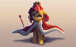 Size: 4000x2480 | Tagged: safe, artist:vanillaghosties, character:sunset shimmer, species:pony, species:unicorn, newbie artist training grounds, g4, atg 2019, cape, clothing, crown, cute, eyebrows, female, floppy ears, glowing horn, gradient background, horn, jewelry, looking at you, magic, magic aura, mare, queen, regalia, shimmerbetes, simple background, solo, telekinesis, three quarter view