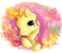 Size: 1057x904 | Tagged: safe, artist:puffleduck, character:fluttershy, species:pony, bust, butterfly, female, mare, portrait, solo