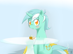 Size: 1200x884 | Tagged: safe, artist:stalemeat, character:lyra heartstrings, species:pony, species:unicorn, apple, apple slice, cake, colored pupils, sitting, table
