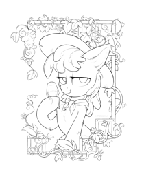 Size: 2232x2658 | Tagged: safe, artist:anotherdeadrat, character:berry punch, character:berryshine, species:earth pony, species:pony, female, food, glass, grapes, grapevine, lineart, looking at you, monochrome, sketch, solo, trellis, wine glass