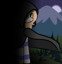 Size: 1036x1063 | Tagged: safe, artist:arrgus-korr, base used, oc, oc only, oc:star north, species:earth pony, species:pony, black background, blue eyes, dark, dark background, female, forest, full body, mare, moon, mountain, night, simple background, snow, solo, stars, tattoo