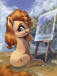 Size: 3000x4000 | Tagged: safe, artist:vanillaghosties, character:pear butter, species:earth pony, species:pony, newbie artist training grounds, applejack's mom, atg 2019, brush, canvas, cute, female, freckles, grass, looking at you, mare, mouth hold, nature, outdoors, paintbrush, painting, scenery, sitting, solo, tree, water
