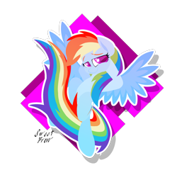 Size: 2572x2542 | Tagged: safe, artist:sweetbrew, character:rainbow dash, species:pegasus, species:pony, abstract background, colored pupils, female, flying, hooves behind head, mare, solo, spread wings, sticker, wings