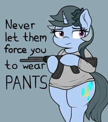 Size: 900x1020 | Tagged: safe, artist:blitzyflair, oc, oc:blitzy flair, species:pony, species:unicorn, bottomless, clothing, female, mare, meme, partial nudity, simple background, solo, sweater, text, we don't normally wear clothes, wide hips