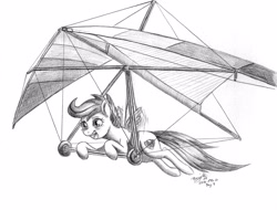 Size: 2800x2128 | Tagged: safe, artist:benjik, artist:benjik_, character:scootaloo, species:pegasus, species:pony, newbie artist training grounds, atg 2019, crying, female, filly, hang glider, hang gliding, monochrome, simple background, solo, tears of joy, traditional art, white background