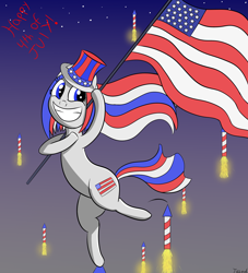 Size: 2000x2200 | Tagged: safe, artist:tazool, oc, oc only, species:earth pony, species:pony, 4th of july, american flag, clothing, cute, female, fireworks, grin, hat, holiday, hopping, jumping, night, ocbetes, patriotic, smiling, standing, standing on one leg, stars, top hat, united states