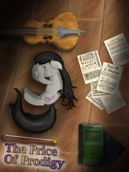 Size: 1500x2000 | Tagged: safe, artist:paracompact, character:octavia melody, species:pony, newbie artist training grounds, atg 2019, cello, crying, female, lying down, messy mane, messy tail, music, musical instrument, sad, solo, somber