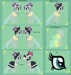 Size: 1280x1337 | Tagged: safe, artist:chaserofthelight99, oc, oc:rholacoptera, parent:meadowbrook, parent:thorax, species:changepony, species:pony, clothing, dress, female, mask, reference sheet, solo