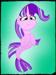 Size: 774x1033 | Tagged: safe, artist:itchystomach, character:starlight glimmer, species:pony, species:seapony (g4), newbie artist training grounds, female, green background, mare, seaponified, seapony starlight glimmer, simple background, smiling, solo, species swap
