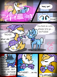 Size: 304x410 | Tagged: safe, artist:kiwi4578, character:prince blueblood, character:trixie, species:pony, ship:bluetrix, accessory swap, comic, female, male, shipping, straight