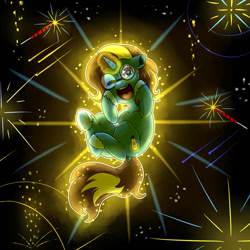 Size: 894x894 | Tagged: safe, artist:mimkage, oc, oc only, oc:bright idea, species:pony, species:unicorn, 4th of july, commission, female, fireworks, glasses, holiday, levitation, magic, mare, one eye closed, open mouth, self-levitation, solo, sparkler, telekinesis