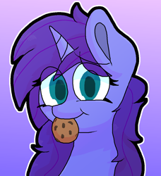 Size: 874x957 | Tagged: safe, artist:retro_hearts, oc, oc only, oc:seafood dinner, species:pony, species:unicorn, bust, cookie, cute, eating, eye clipping through hair, female, food, gradient background, mare, silly, smiling