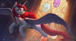 Size: 3940x2160 | Tagged: safe, artist:vanillaghosties, oc, oc only, oc:fausticorn, species:alicorn, species:pony, alicorn oc, cutie mark, female, flying, lauren faust, mare, smiling, solo, spread wings, stained glass, wings