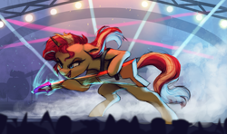 Size: 3705x2197 | Tagged: safe, artist:vanillaghosties, character:sunset shimmer, species:pony, species:unicorn, newbie artist training grounds, atg 2019, concert, electric guitar, female, guitar, high res, lidded eyes, lights, mare, musical instrument, open mouth, solo, stage, sunset shredder