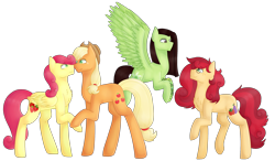 Size: 2600x1520 | Tagged: safe, artist:kookiebeatz, character:applejack, character:strawberry sunrise, oc, oc:apple berry, oc:white lilly, parent:applejack, parent:strawberry sunrise, parents:applerise, species:earth pony, species:pegasus, species:pony, icey-verse, ship:applerise, applejack's hat, boop, chest fluff, clothing, cowboy hat, ear piercing, earring, eyeshadow, family, female, flying, freckles, glasses, hat, holding hooves, jewelry, lesbian, magical lesbian spawn, makeup, mare, mother and daughter, noseboop, offspring, piercing, raised hoof, shipping, siblings, simple background, sisters, tattoo, transparent background